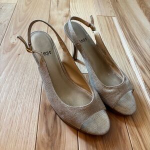 Vintage Y2K Impo Tan Wood Stacked Peep Toe Slingback Heels